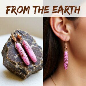 Pink & Mocha Mousse Stone Spikes + Copper Wire Earrings - Sexy Edgy Girly Hot